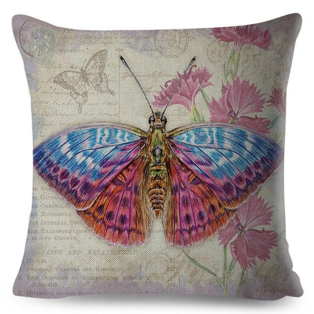 Vintage Europe Style ButteLight Blue Pattern Throw Pillow Covers Old Poster Pillowcase Cotton / Polyester Cushion Cover for Sofa Home Kids Room Butterfly Figure Embellished with Orchid Artistic Leaves Graphic Decorative Square Accent Pillow Case