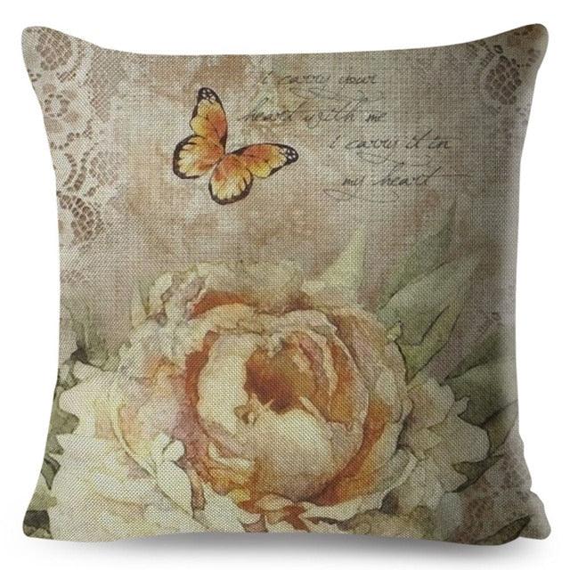 Vintage Europe Style ButteLight Blue Pattern Throw Pillow Covers Old Poster Pillowcase Cotton / Polyester Cushion Cover for Sofa Home Kids Room Butterfly Figure Embellished with Orchid Artistic Leaves Graphic Decorative Square Accent Pillow Case