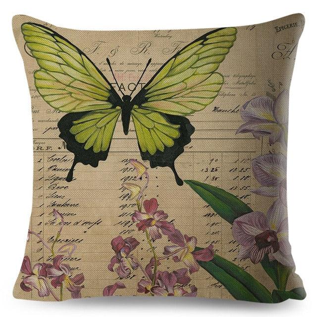 Vintage Europe Style ButteLight Blue Pattern Throw Pillow Covers Old Poster Pillowcase Cotton / Polyester Cushion Cover for Sofa Home Kids Room Butterfly Figure Embellished with Orchid Artistic Leaves Graphic Decorative Square Accent Pillow Case