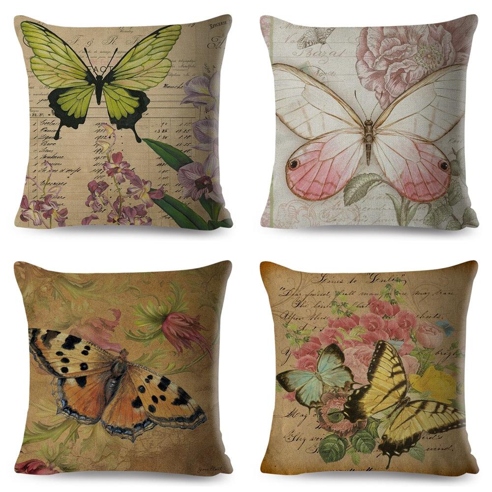 Vintage Europe Style ButteLight Blue Pattern Throw Pillow Covers Old Poster Pillowcase Cotton / Polyester Cushion Cover for Sofa Home Kids Room Butterfly Figure Embellished with Orchid Artistic Leaves Graphic Decorative Square Accent Pillow Case
