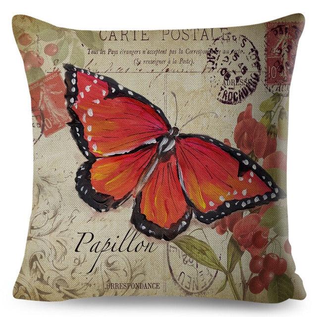 Vintage Europe Style ButteLight Blue Pattern Throw Pillow Covers Old Poster Pillowcase Cotton / Polyester Cushion Cover for Sofa Home Kids Room Butterfly Figure Embellished with Orchid Artistic Leaves Graphic Decorative Square Accent Pillow Case