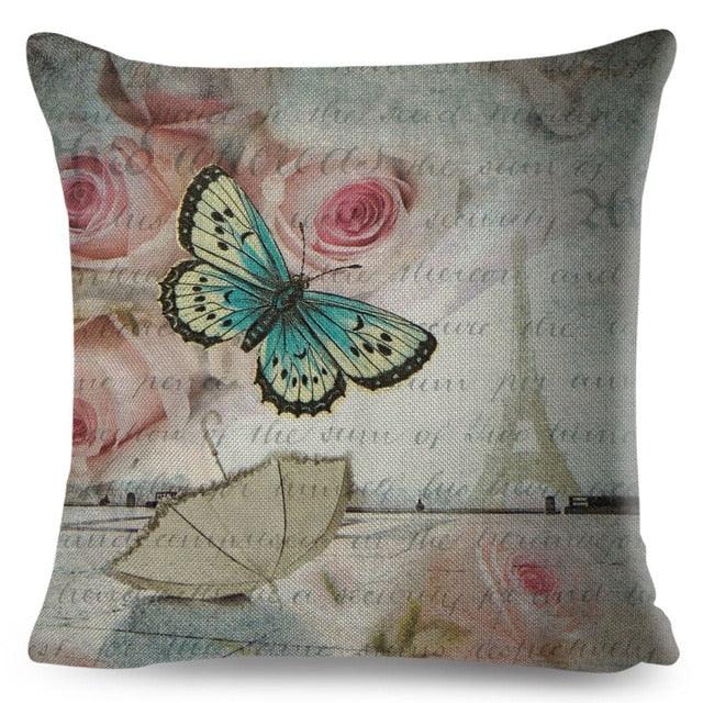 Vintage Europe Style ButteLight Blue Pattern Throw Pillow Covers Old Poster Pillowcase Cotton / Polyester Cushion Cover for Sofa Home Kids Room Butterfly Figure Embellished with Orchid Artistic Leaves Graphic Decorative Square Accent Pillow Case
