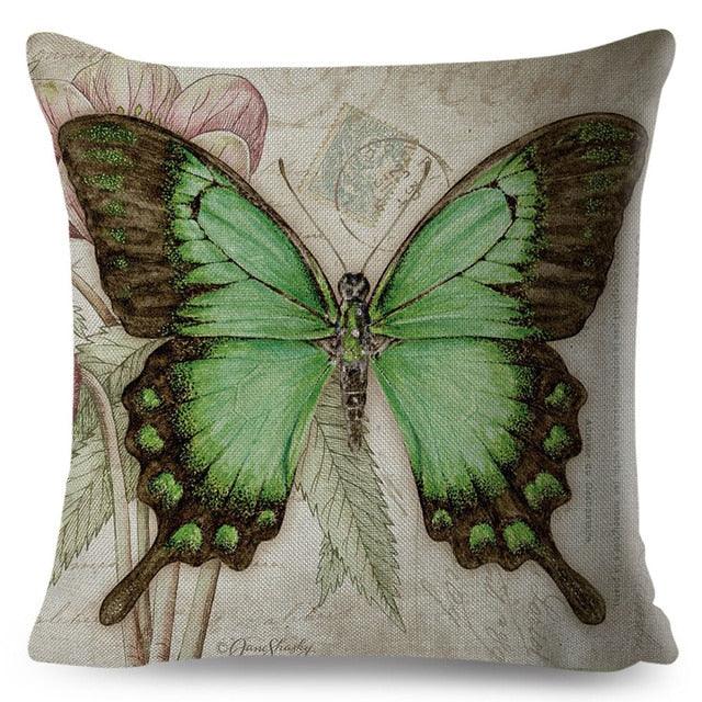 Vintage Europe Style ButteLight Blue Pattern Throw Pillow Covers Old Poster Pillowcase Cotton / Polyester Cushion Cover for Sofa Home Kids Room Butterfly Figure Embellished with Orchid Artistic Leaves Graphic Decorative Square Accent Pillow Case