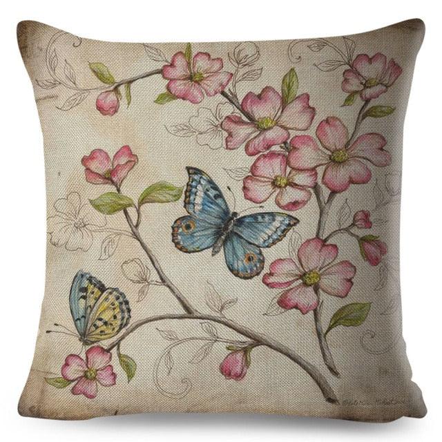 Vintage Europe Style ButteLight Blue Pattern Throw Pillow Covers Old Poster Pillowcase Cotton / Polyester Cushion Cover for Sofa Home Kids Room Butterfly Figure Embellished with Orchid Artistic Leaves Graphic Decorative Square Accent Pillow Case