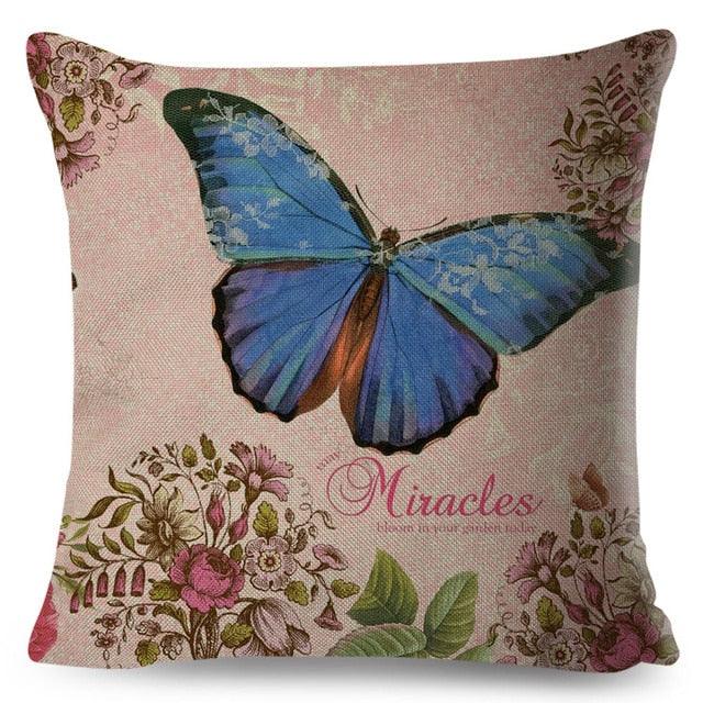 Vintage Europe Style ButteLight Blue Pattern Throw Pillow Covers Old Poster Pillowcase Cotton / Polyester Cushion Cover for Sofa Home Kids Room Butterfly Figure Embellished with Orchid Artistic Leaves Graphic Decorative Square Accent Pillow Case