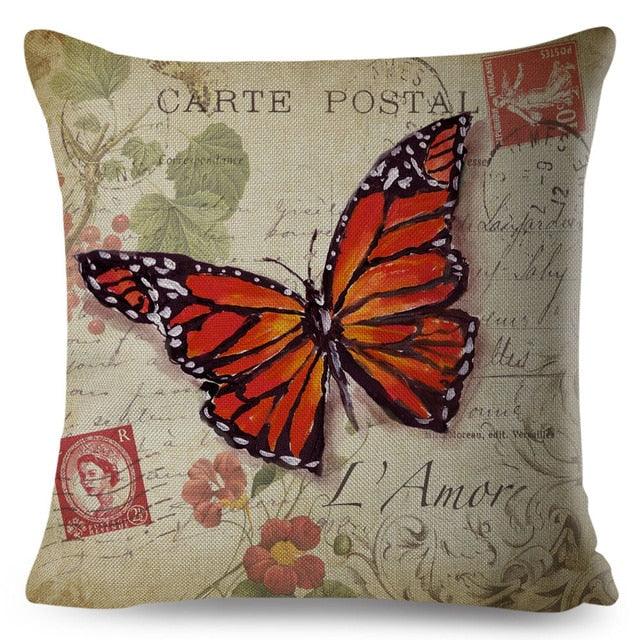 Vintage Europe Style ButteLight Blue Pattern Throw Pillow Covers Old Poster Pillowcase Cotton / Polyester Cushion Cover for Sofa Home Kids Room Butterfly Figure Embellished with Orchid Artistic Leaves Graphic Decorative Square Accent Pillow Case