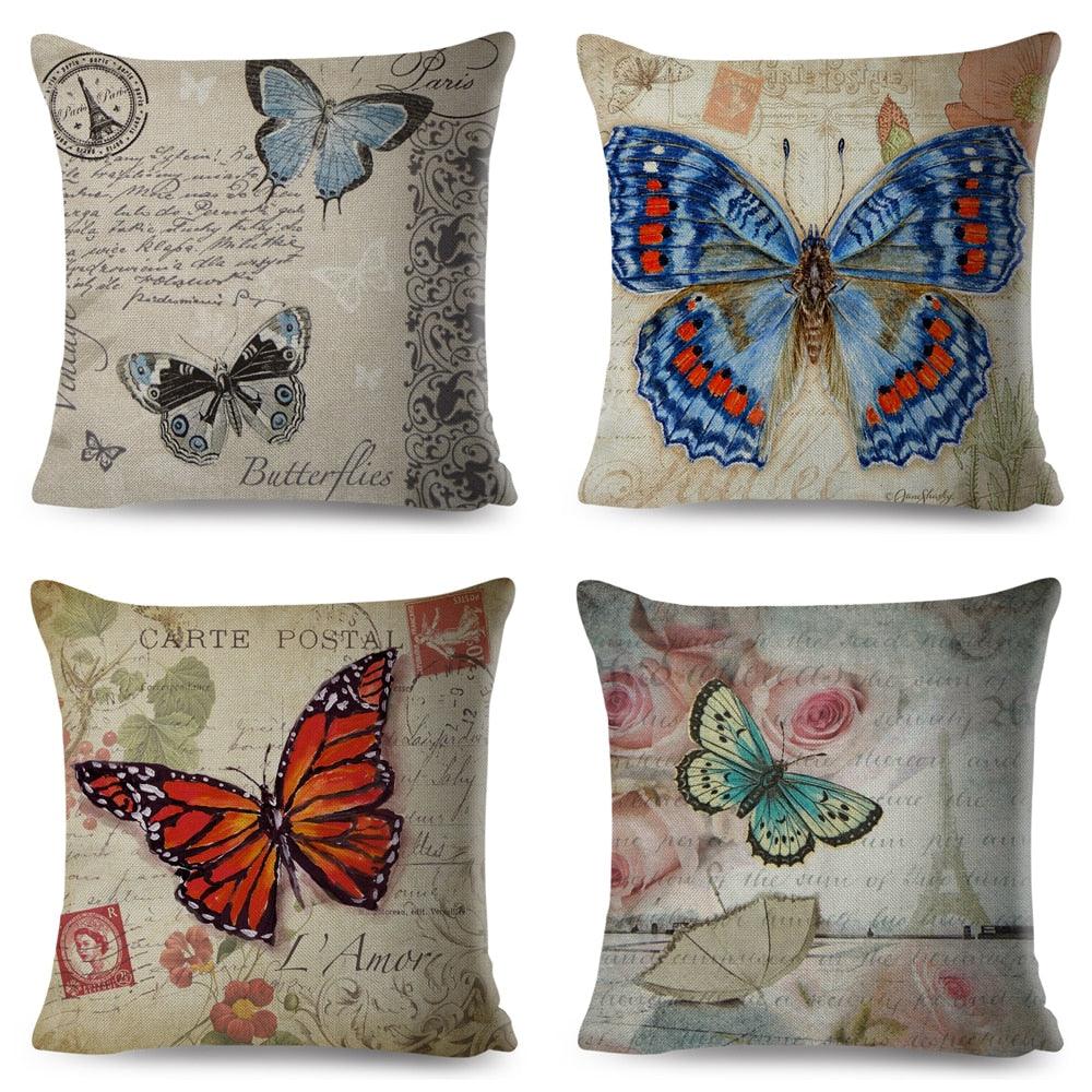 Vintage Europe Style ButteLight Blue Pattern Throw Pillow Covers Old Poster Pillowcase Cotton / Polyester Cushion Cover for Sofa Home Kids Room Butterfly Figure Embellished with Orchid Artistic Leaves Graphic Decorative Square Accent Pillow Case