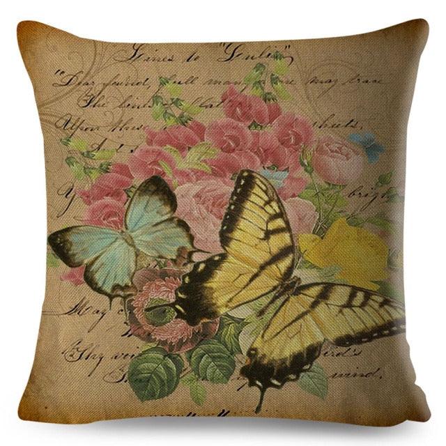 Vintage Europe Style ButteLight Blue Pattern Throw Pillow Covers Old Poster Pillowcase Cotton / Polyester Cushion Cover for Sofa Home Kids Room Butterfly Figure Embellished with Orchid Artistic Leaves Graphic Decorative Square Accent Pillow Case