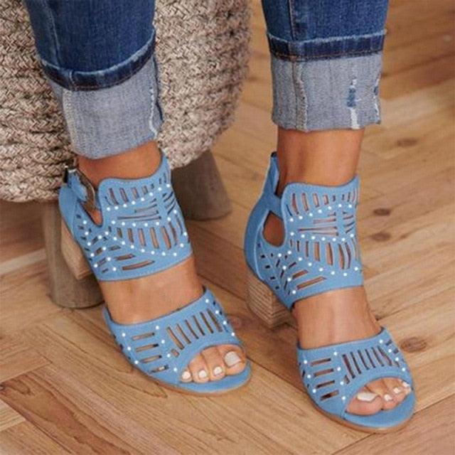 Vintage Hollow Out Sandals Mid Heel Summer Slip-On Buckle Shoes Artificial Open Toe Casual Wedding Hollow Out Lace Closure Low Heels Sandals For Women Peep Toe Comfort Non-Slip Flat Sandals