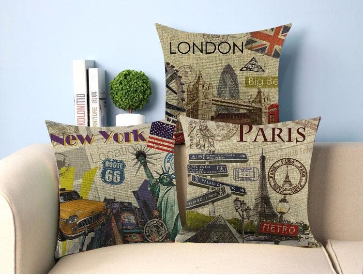 Vintage Style Pillow Covers New York London Paris City Printed Skyscraper Linen Polyester Cushion Covers For Home Sofa  New York London Paris Decorative Square Pillow Case for Home Bedroom Living Room Cushion Cover 45x45cm