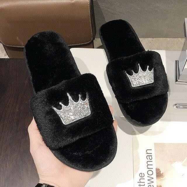 Warm Fluffy Slippers Women Faux Fur Slipper Indoor Floor Slides Flat Soft Furry House Warm Comfortable Fuzzy Furry Bedroom Slippers Indoor Cozy Memory Foam Anti-Slip Flip Flops
