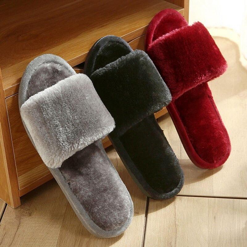 Warm Fluffy Slippers Women Faux Fur Slipper Indoor Floor Slides Flat Soft Furry House Warm Comfortable Fuzzy Furry Bedroom Slippers Indoor Cozy Memory Foam Anti-Slip Flip Flops