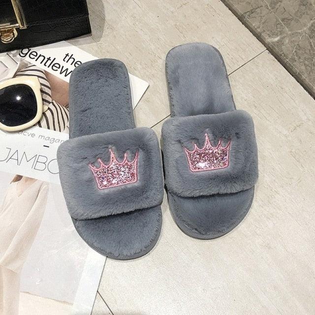 Warm Fluffy Slippers Women Faux Fur Slipper Indoor Floor Slides Flat Soft Furry House Warm Comfortable Fuzzy Furry Bedroom Slippers Indoor Cozy Memory Foam Anti-Slip Flip Flops