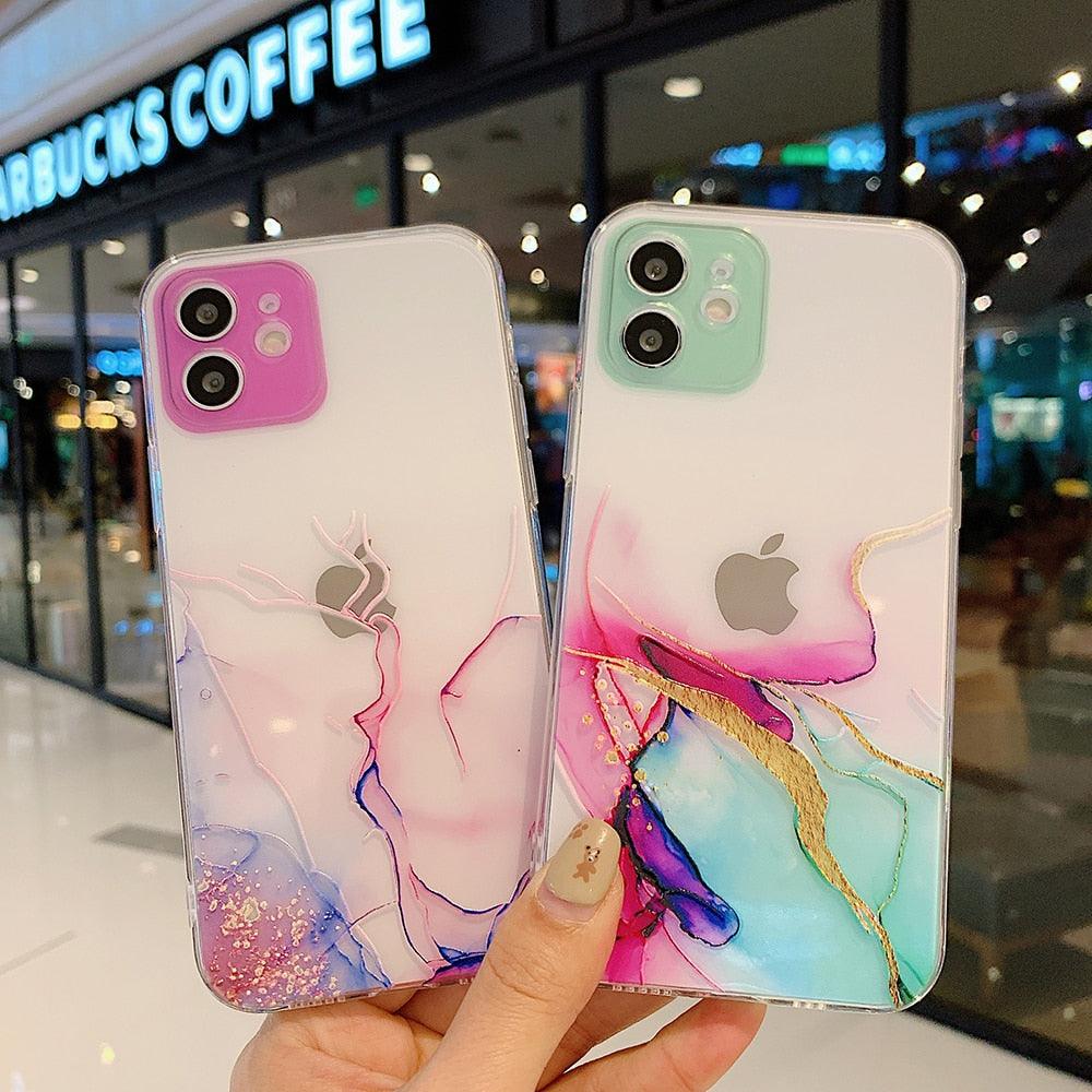 Watercolor Painting Phone Case for IPhone 13 12 11 Pro Max 14 Clear Shockproof Cover Marble Clear Watercolor Painting Soft Shockproof Protective Slim Cover for iPhone