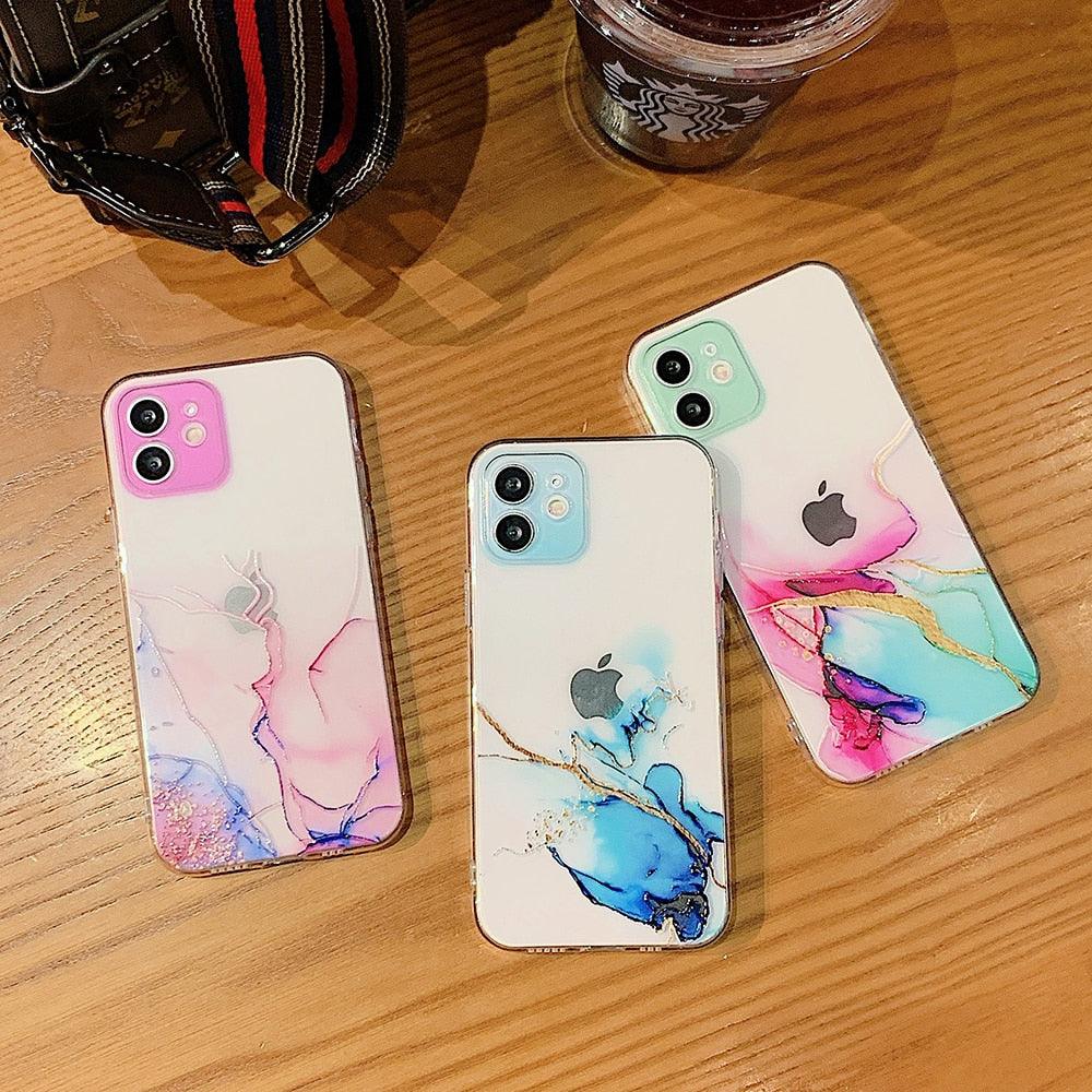 Watercolor Painting Phone Case for IPhone 13 12 11 Pro Max 14 Clear Shockproof Cover Marble Clear Watercolor Painting Soft Shockproof Protective Slim Cover for iPhone