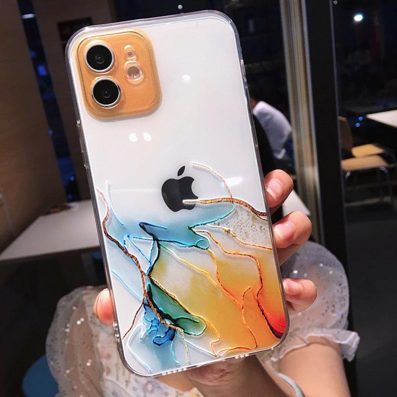 Watercolor Painting Phone Case For iPhone 14 Pro Max 13 12 Mini 11 Colorful Watercolor Painting Marble Case for Women Girls with Shock Resistant Soft Clear Phone Back Bumper Protective Back Cover