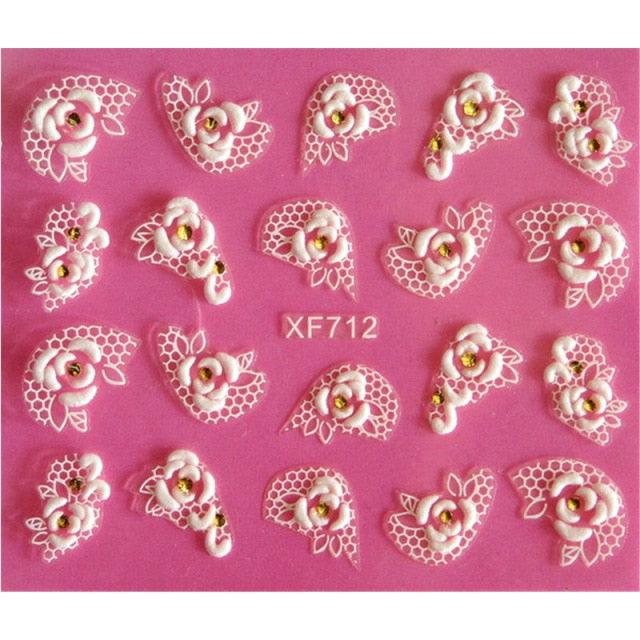 Waterproof Water Transfer Nails Art Sticker Fashion 3D Flower Design Girl And Women Manicure Tools Nail Decoration Decals Decorations Luxurious Nail Art Decoration White Feather Lace Flower Leaf Carving Design Exquisite Pattern Nail Art Supplies