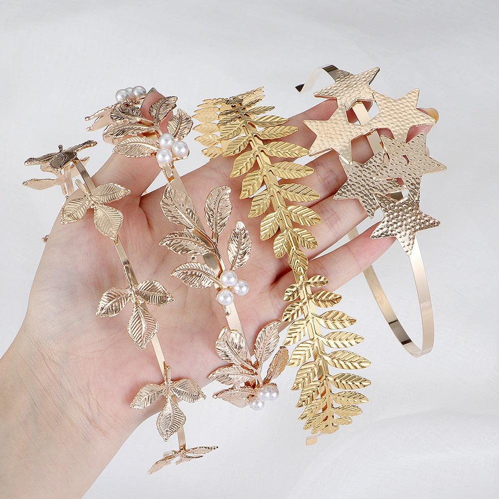 Western Fashion Retro Hair Bands For Women Wedding Metal Gold Leaf Butterfly Hair Headbands Girls Bride Gorgeous Hair Accessories For Women