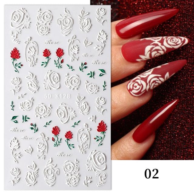 White Embossed Flower Lace 5D Sticker Decal Wedding Nail Art Designs Floral Flower Transfer Decal  Geometry  3D Wave Design Decoration for Women Girls Tape Nail Art Stickers Decal Decoration Geometry Transfer Decals Nail Art Decorations Decoration Decal
