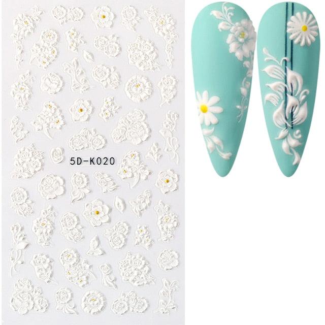 White Embossed Flower Lace 5D Sticker Decal Wedding Nail Art Designs Floral Flower Transfer Decal  Geometry  3D Wave Design Decoration for Women Girls Tape Nail Art Stickers Decal Decoration Geometry Transfer Decals Nail Art Decorations Decoration Decal