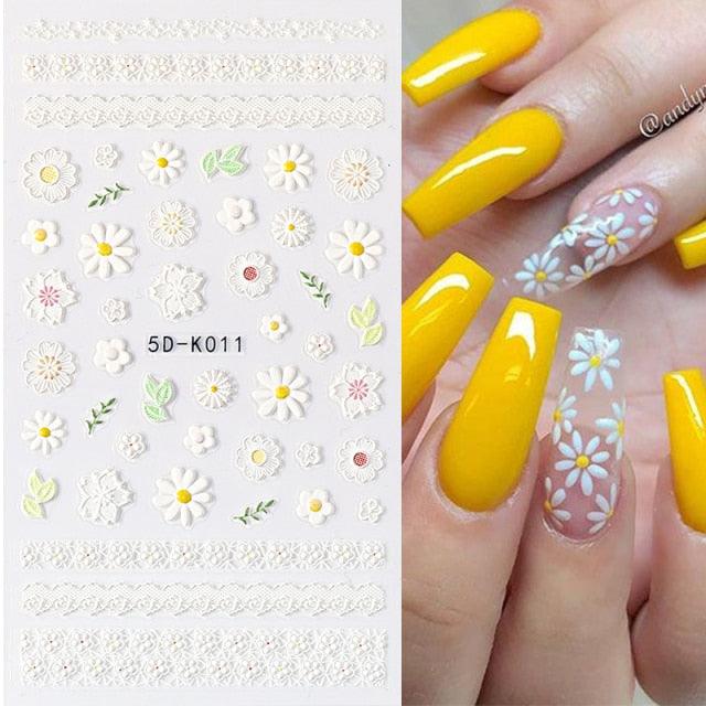 White Embossed Flower Lace 5D Sticker Decal Wedding Nail Art Designs Floral Flower Transfer Decal  Geometry  3D Wave Design Decoration for Women Girls Tape Nail Art Stickers Decal Decoration Geometry Transfer Decals Nail Art Decorations Decoration Decal