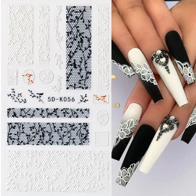 White Embossed Flower Lace 5D Sticker Decal Wedding Nail Art Designs Floral Flower Transfer Decal  Geometry  3D Wave Design Decoration for Women Girls Tape Nail Art Stickers Decal Decoration Geometry Transfer Decals Nail Art Decorations Decoration Decal