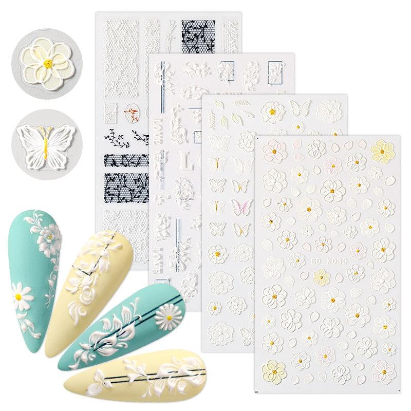 White Embossed Flower Lace Sticker Decal Wedding Nail Art Designs Floral Butterfly Japanese Manicures Nail Decoration Metallic Curve Strip Line Nail Decal Self-Adhesive 3D Wave Design Decoration for Women Girls Adhesive Striping Tape Nail Art Stickers