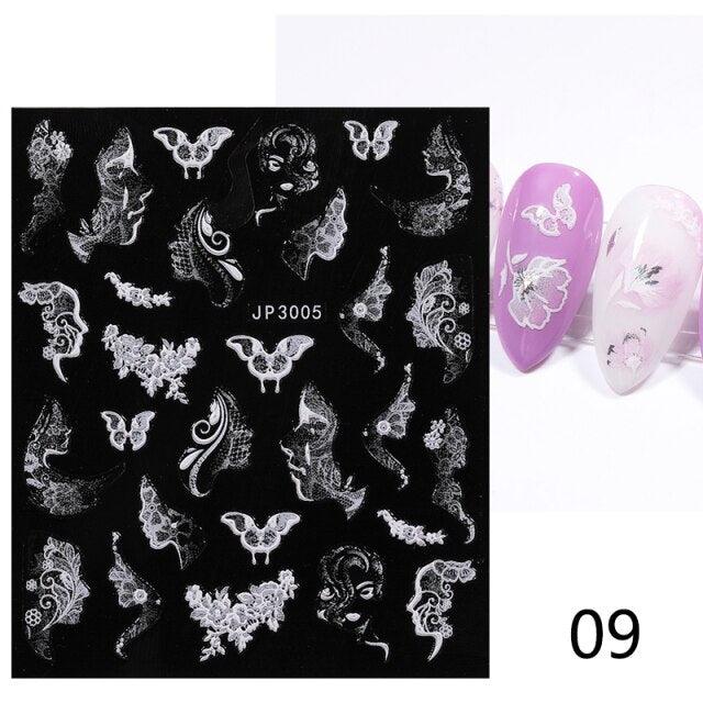White Embossed Flower Lace Sticker Decal Wedding Nail Art Designs Floral Butterfly Japanese Manicures Nail Decoration Metallic Curve Strip Line Nail Decal Self-Adhesive 3D Wave Design Decoration for Women Girls Adhesive Striping Tape Nail Art Stickers