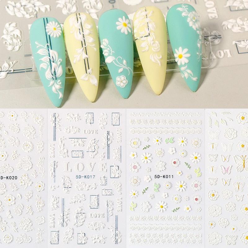 White Embossed Flower Lace Sticker Decal Wedding Nail Art Designs Floral Butterfly Japanese Manicures Nail Decoration Metallic Curve Strip Line Nail Decal Self-Adhesive 3D Wave Design Decoration for Women Girls Adhesive Striping Tape Nail Art Stickers