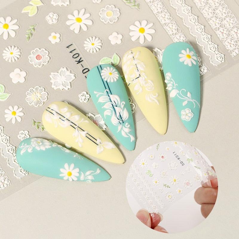 White Embossed Flower Lace Sticker Decal Wedding Nail Art Designs Floral Butterfly Japanese Manicures Nail Decoration Metallic Curve Strip Line Nail Decal Self-Adhesive 3D Wave Design Decoration for Women Girls Adhesive Striping Tape Nail Art Stickers