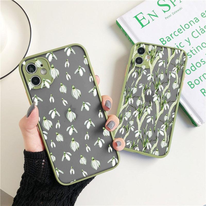White Flower Bud Phone Case for iPhone 11 12 13 Pro Max 7 8 Plus SE X XR XS MAX Green Floral Back Shockproof Floral Flower Pattern Design Silicone Case, Slim Shockproof  Protective Bumper Case Cover for iPhone