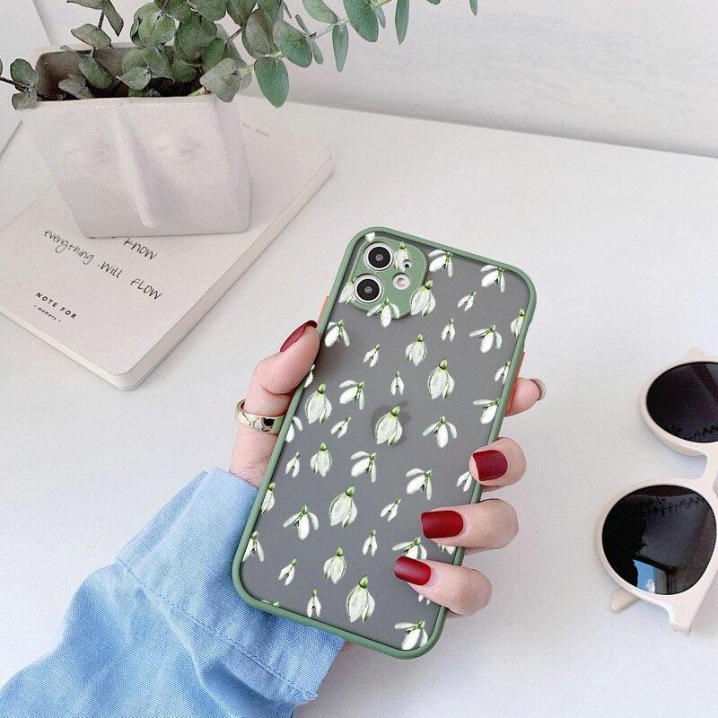 White Flower Bud Phone Case for iPhone 11 12 13 Pro Max 7 8 Plus SE X XR XS MAX Green Floral Back Shockproof Floral Flower Pattern Design Silicone Case, Slim Shockproof  Protective Bumper Case Cover for iPhone