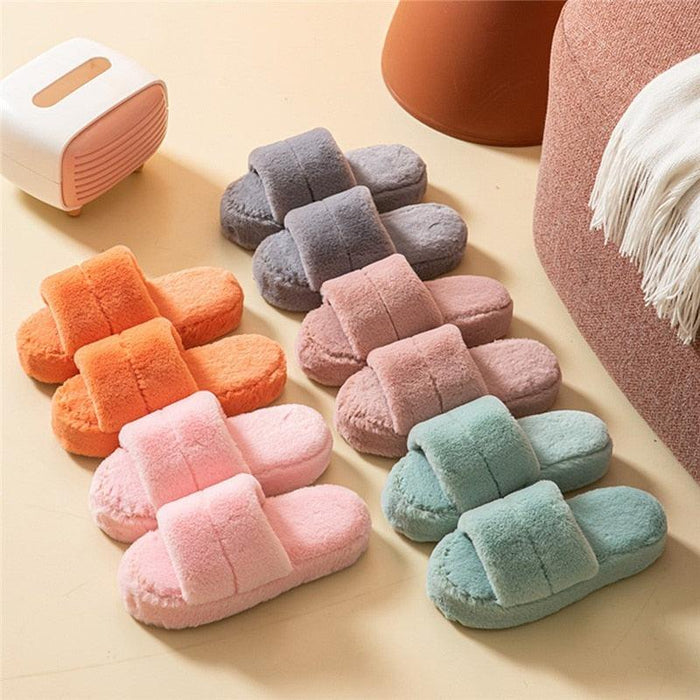 Winter Home Slippers Women Plush Fluffy Flip Flops Warm Shoes Soft Thick Soled Indoor Bedroom Fur Slides Women's Fuzzy Open Toe House Slippers Fancy Plush Slippers