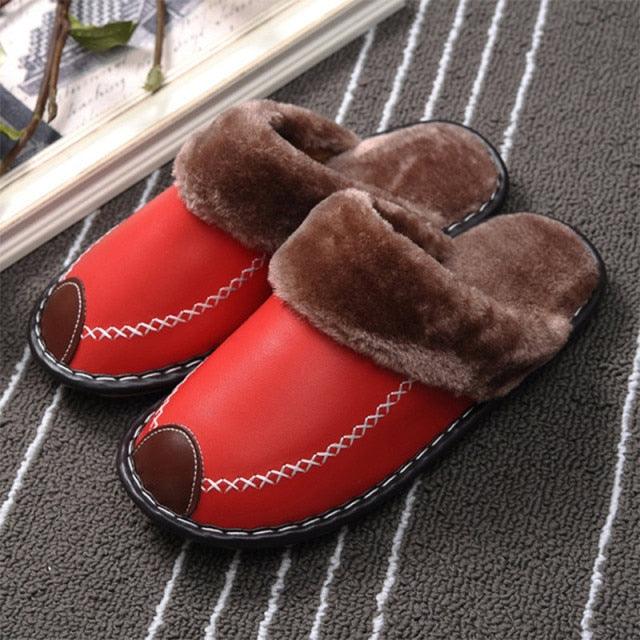 Winter Women Slippers Leather Home House Indoor Non-Slip Thermal Shoes Men Warm Furry Slippers Winter House Slippers Comfy Warm Indoor Outdoor Memory Foam Non Slip Home Bedroom Shoes
