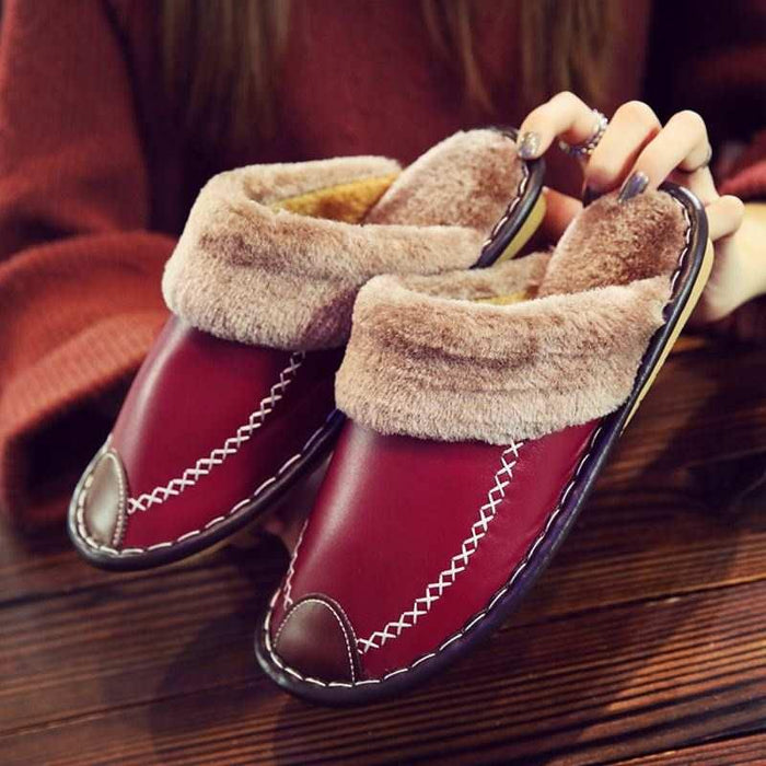 Winter Women Slippers Leather Home House Indoor Non-Slip Thermal Shoes Men Warm Furry Slippers Winter House Slippers Comfy Warm Indoor Outdoor Memory Foam Non Slip Home Bedroom Shoes