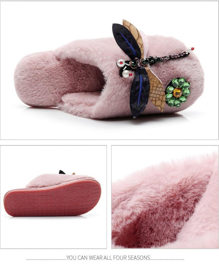 Winter Women Slippers Warm Plush Luxury Flip Flops Fur Slides Flat Lightweight Soft Indoor Slippers Soft Warm Memory Foam Slippers Faux Fur Lined Fluffy Slip On House Shoes
