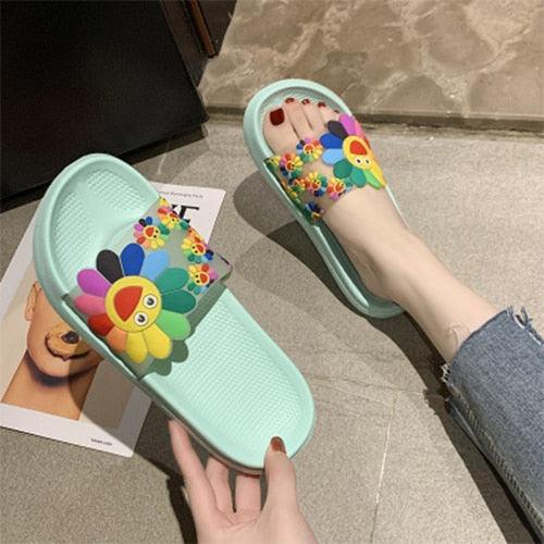 Women Beach Slippers Women's Rainbow Colors Woman Cute Flower Flat Shoes Footwear Ladies Slides Waterproof Summer Beach Slippers Slipper With Comfort Non Slip Sole Women’s Slim Flip Flop