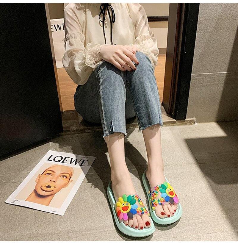 Women Beach Slippers Women's Rainbow Colors Woman Cute Flower Flat Shoes Footwear Ladies Slides Waterproof Summer Beach Slippers Slipper With Comfort Non Slip Sole Women’s Slim Flip Flop