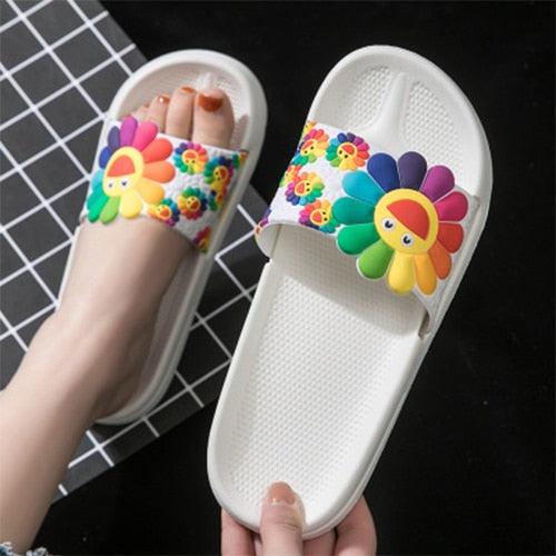 Women Beach Slippers Women's Rainbow Colors Woman Cute Flower Flat Shoes Footwear Ladies Slides Waterproof Summer Beach Slippers Slipper With Comfort Non Slip Sole Women’s Slim Flip Flop