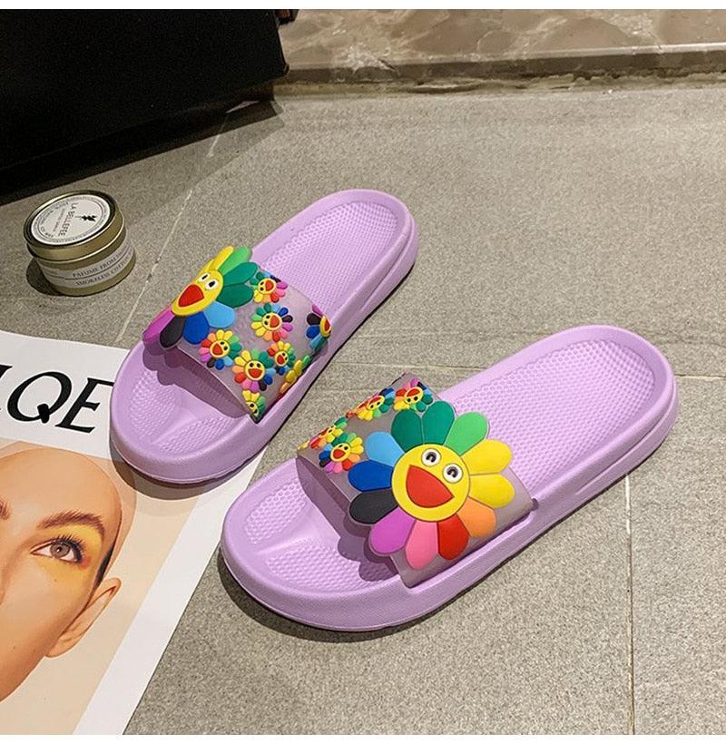 Women Beach Slippers Women's Rainbow Colors Woman Cute Flower Flat Shoes Footwear Ladies Slides Waterproof Summer Beach Slippers Slipper With Comfort Non Slip Sole Women’s Slim Flip Flop