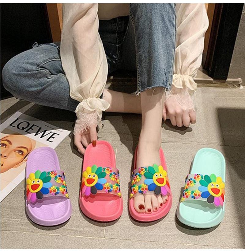 Women Beach Slippers Women's Rainbow Colors Woman Cute Flower Flat Shoes Footwear Ladies Slides Waterproof Summer Beach Slippers Slipper With Comfort Non Slip Sole Women’s Slim Flip Flop