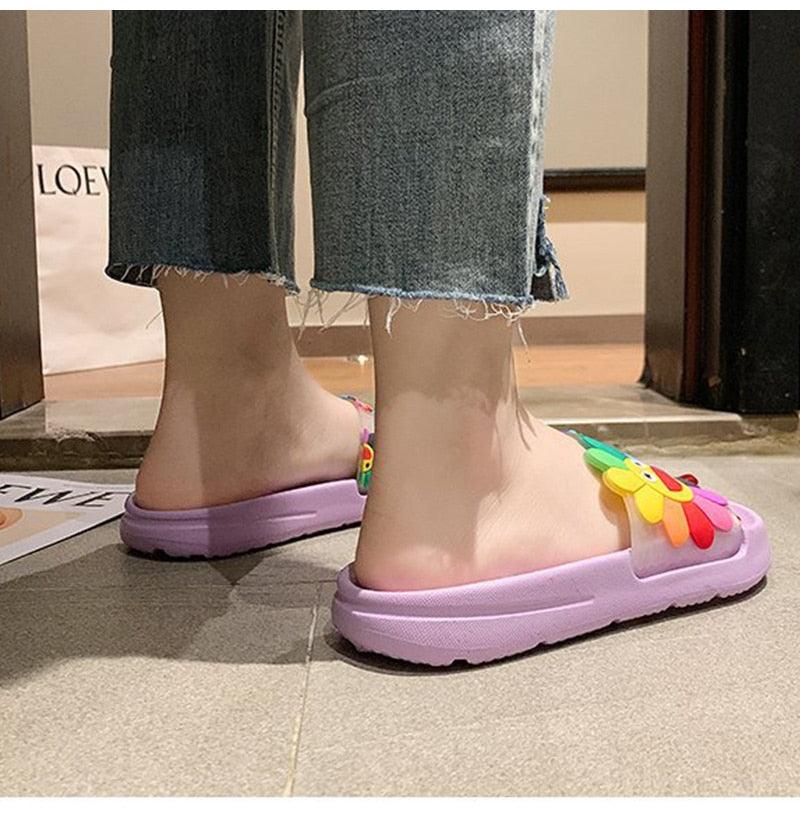 Women Beach Slippers Women's Rainbow Colors Woman Cute Flower Flat Shoes Footwear Ladies Slides Waterproof Summer Beach Slippers Slipper With Comfort Non Slip Sole Women’s Slim Flip Flop