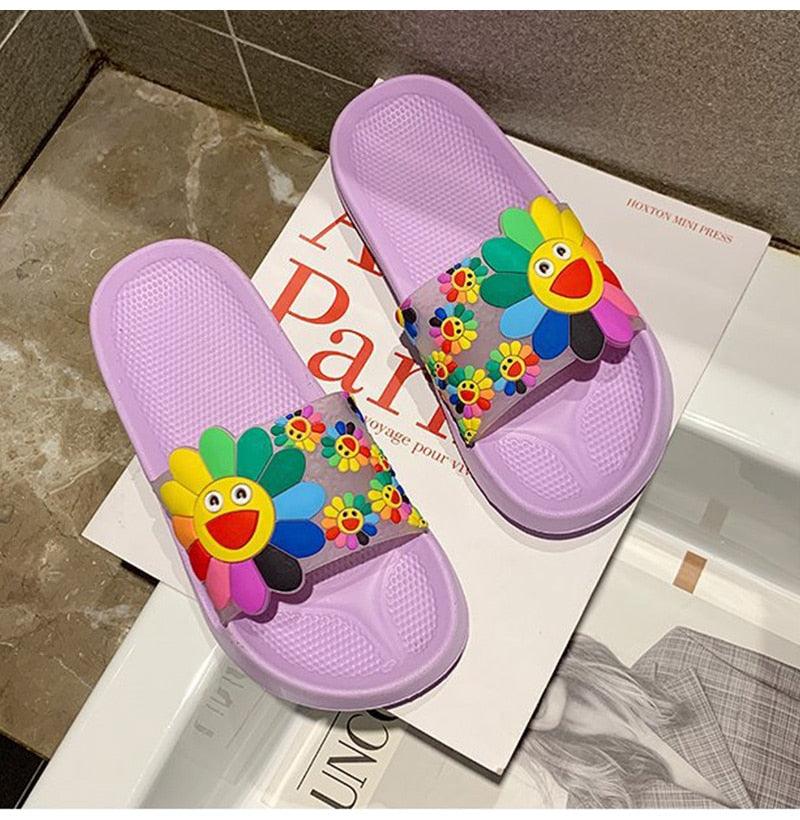Women Beach Slippers Women's Rainbow Colors Woman Cute Flower Flat Shoes Footwear Ladies Slides Waterproof Summer Beach Slippers Slipper With Comfort Non Slip Sole Women’s Slim Flip Flop