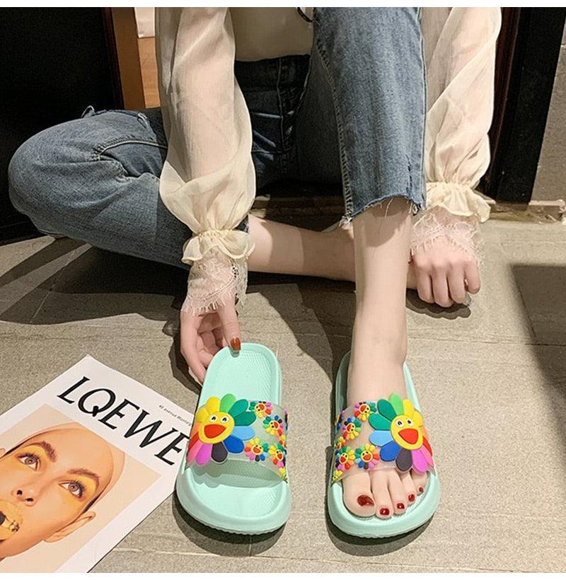 Women Beach Slippers Women's Rainbow Colors Woman Cute Flower Flat Shoes Footwear Ladies Slides Waterproof Summer Beach Slippers Slipper With Comfort Non Slip Sole Women’s Slim Flip Flop