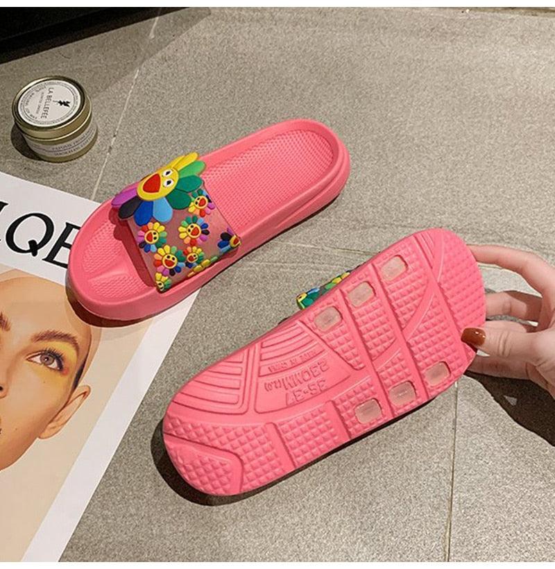 Women Beach Slippers Women's Rainbow Colors Woman Cute Flower Flat Shoes Footwear Ladies Slides Waterproof Summer Beach Slippers Slipper With Comfort Non Slip Sole Women’s Slim Flip Flop