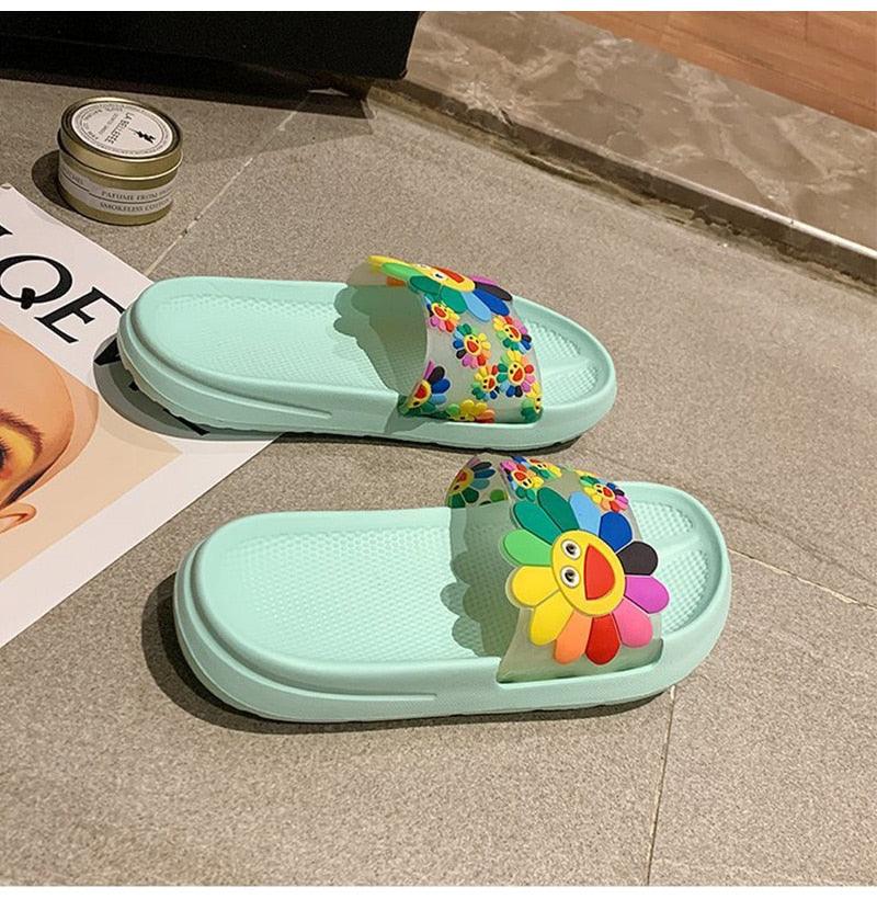 Women Beach Slippers Women's Rainbow Colors Woman Cute Flower Flat Shoes Footwear Ladies Slides Waterproof Summer Beach Slippers Slipper With Comfort Non Slip Sole Women’s Slim Flip Flop
