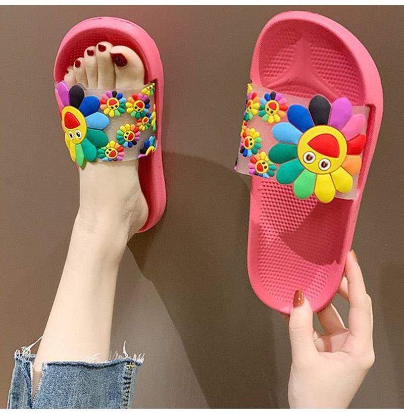 Women Beach Slippers Women's Rainbow Colors Woman Cute Flower Flat Shoes Footwear Ladies Slides Waterproof Summer Beach Slippers Slipper With Comfort Non Slip Sole Women’s Slim Flip Flop