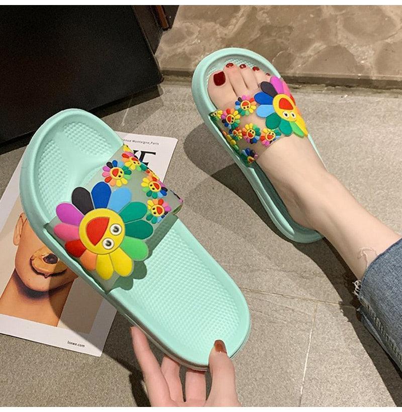 Women Beach Slippers Women's Rainbow Colors Woman Cute Flower Flat Shoes Footwear Ladies Slides Waterproof Summer Beach Slippers Slipper With Comfort Non Slip Sole Women’s Slim Flip Flop
