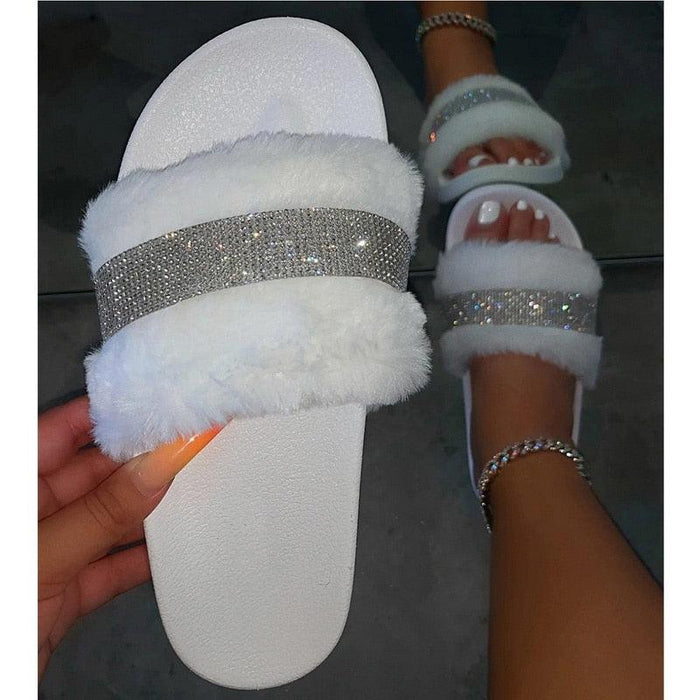 Women Fur Slippers Summer Home Flat Fur Slides For Women Fluffy Shoes Glitter Women' Casual Shoes House Slippers With Arch Support Slip-On Slippers For Women Flat Sandals