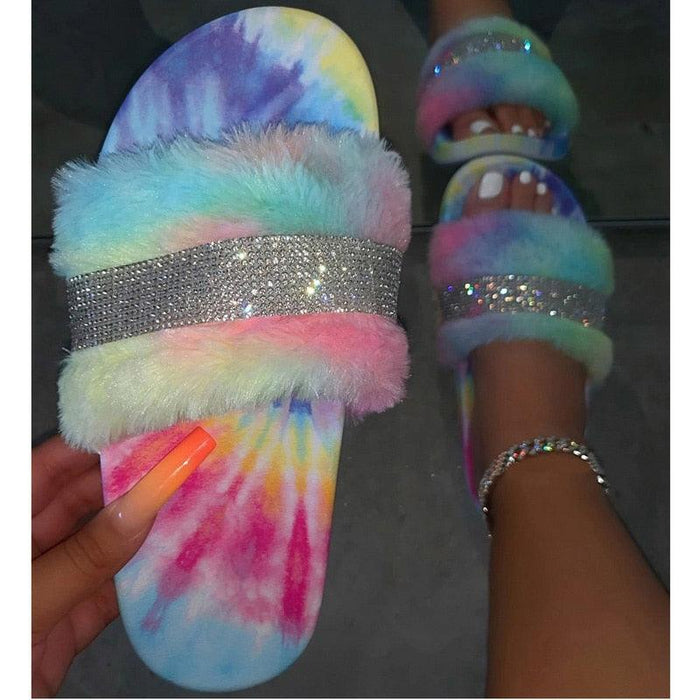 Women Fur Slippers Summer Home Flat Fur Slides For Women Fluffy Shoes Glitter Women' Casual Shoes House Slippers With Arch Support Slip-On Slippers For Women Flat Sandals